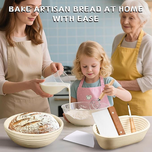 Banneton Bread Proofing Basket Banneton Basket Set Sourdough Proofing Basket Round Proofing Bowls Handmade Rattan Baskets and Liners (Round of 2 Gift Set)