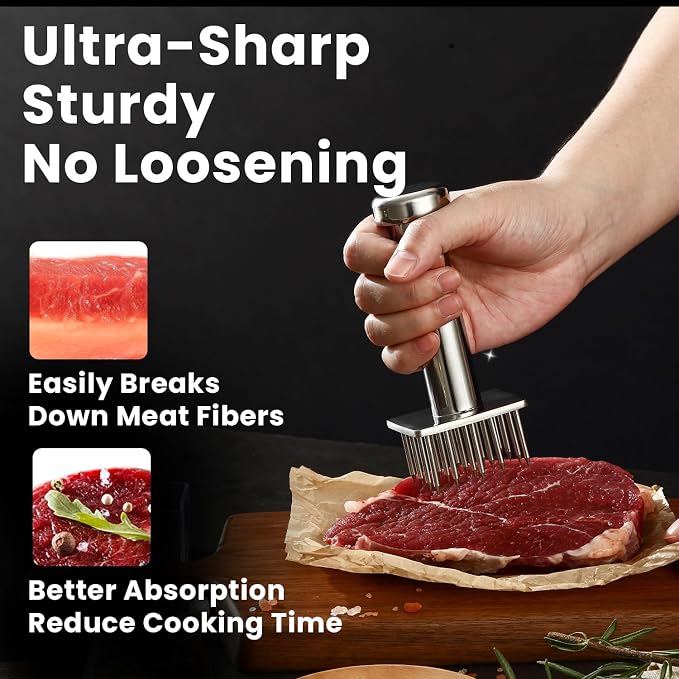 304 Stainless Steel Meat Tenderizer Tool, Sharp Long Needles for Thick Cuts | Square 18-needle head reaches deep into meat for faster marinating, Dishwasher safe, Cover included
