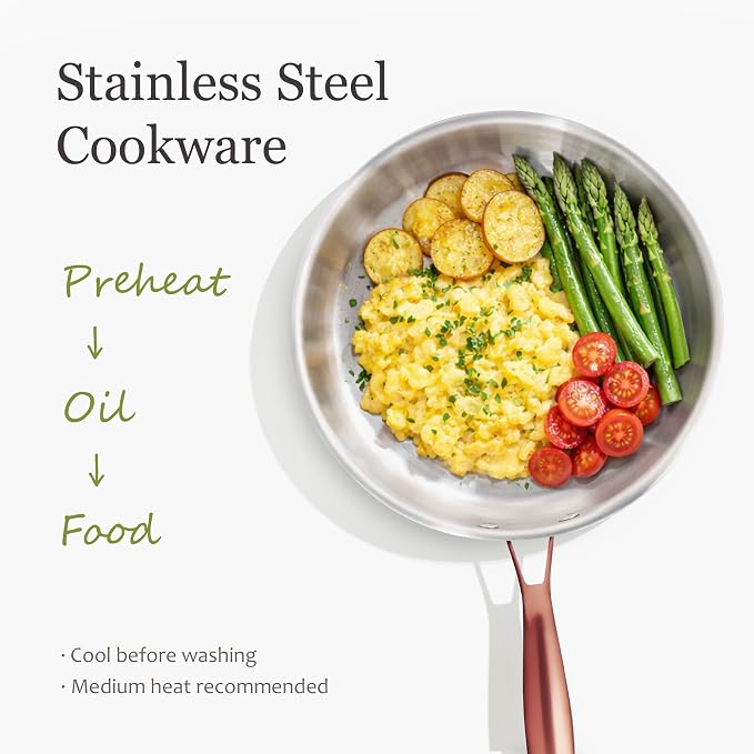 CAROTE 10" Tri-Ply Stainless Steel Frying Pan, Non-Toxic Egg Pan Omelet Pan, Oven Safe, Induction, Ceramic and Gas Cooktops Compatible, Polished Silver