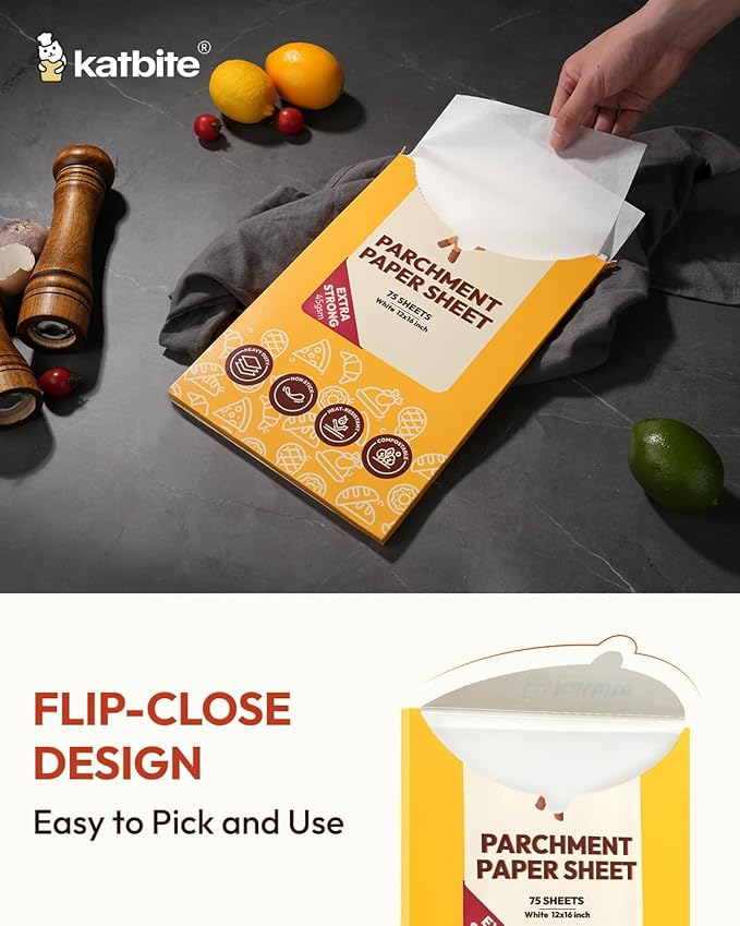 Katbite 75Pcs White Parchment Paper Sheets 12x16IN, Pre-Cut Heavy Duty Parchment Baking Paper, Non-Stick Half Sheet White Baking Parchment Paper for Air Fryer, Baking Cookie Pans[Advanced Series]