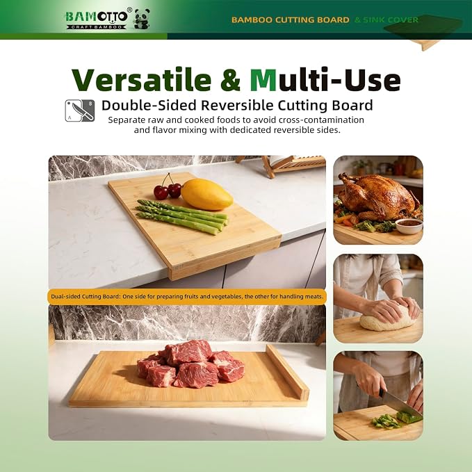 BAMOTTO CRAFTBAMBOO 12.5x20.4 Inch Bamboo Cutting Board Over Sink | Built-in Front Lip | Flat Both Sides | Non-Slip RV Camper Stove Cover | Chopping Board for Small Kitchen | 4.76 lbs
