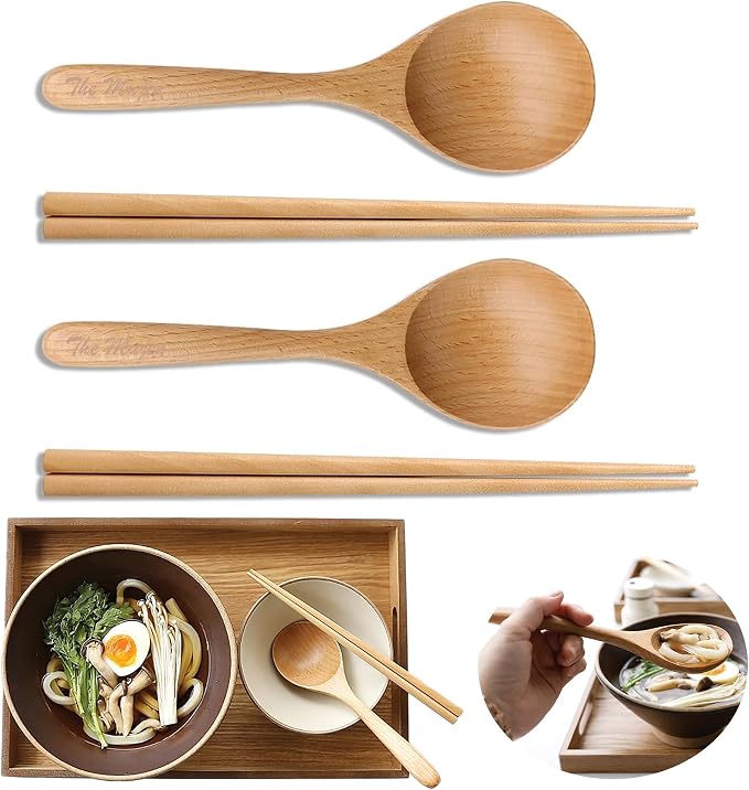 Korean Mukbang Spoon Chopsticks 2 Set Wood Ramen Udon 먹방 스푼 대왕 수저 | Extra Large Spoon and Chopsticks Set, Natural Wood Utensil 2 Set Korean Japanese Tableware 먹방 점보 수저 젓가락 국자