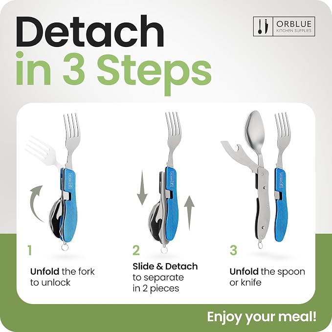 Orblue 4-in-1 Camping Utensils, 1-Pack, Portable Stainless Steel Spoon, Fork, Knife & Bottle Opener Combo Set - Travel, Backpacking Cutlery Multitool, Blue