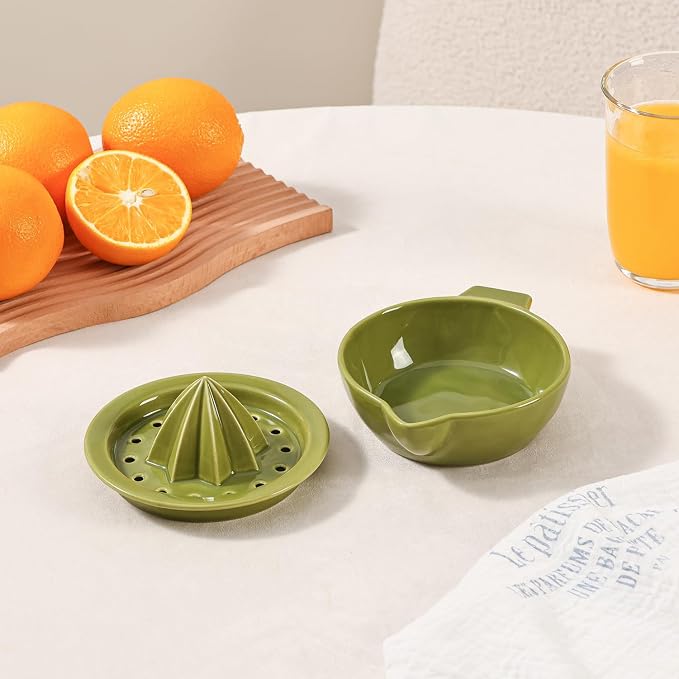 Ceramic Citrus Lemon Orange Juicer Manual Squeezer, Hand Juicer Reamer | Rotation Press with Strainer Lid, Spout, Handle, Dishwasher Safe, Easy to Clean