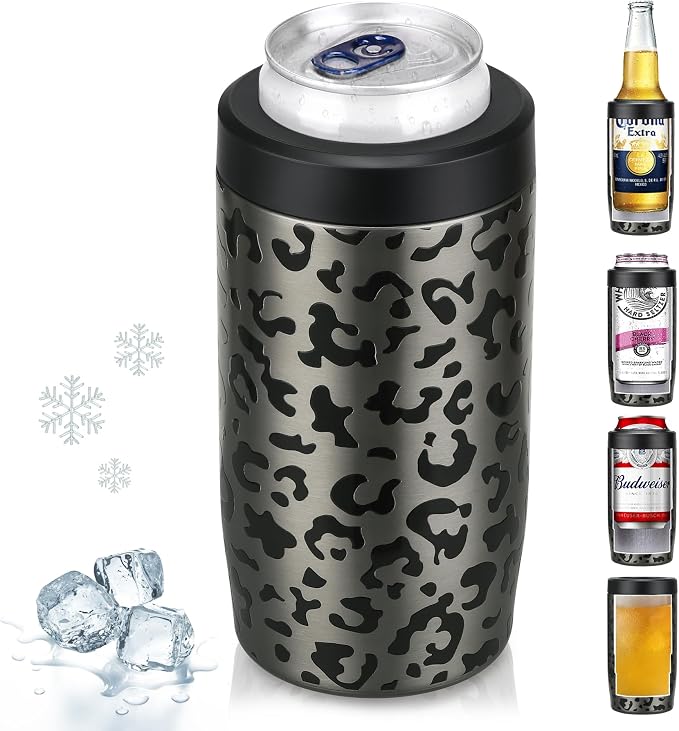 MAXSO Slim Can Cooler, 4-in-1 Double Walled Stainless Steel Insulated Beer Can Holder, Works With All 12 Oz Cans,Bottles & As A Pint Cups - Black Leopard