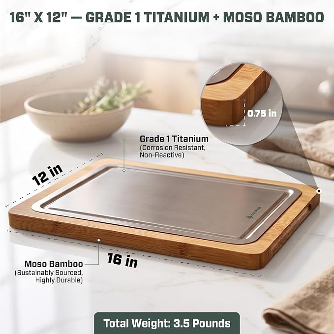 Pure Titanium Cutting Board with Bamboo, Double Sided, Microplastic Free | Knife friendly, Non-Porous, Juice groove, Handles, Chicken, Fish, Steak Cutting Board, Non-Slip, Hand Wash Easily 16x12"