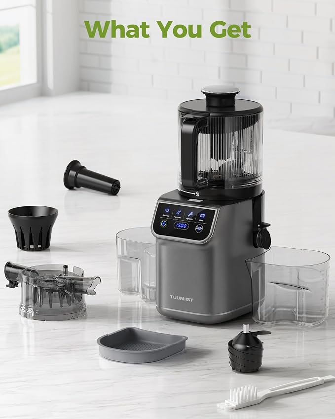 TUUMIIST 3-in-1 Cold Press Juicer Machine, Smart Touch Masticating Juicers for Whole Fruit & Vegetable, 6.5" Wide Chute Slow Juicer for Nut Milk & Sorbet, High Yield, Easy Clean (Gun Grey)