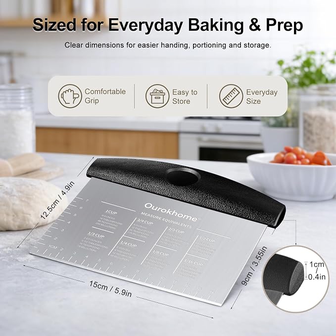 Ourokhome 2 Pack Bench Scraper Dough Cutter, Stainless Steel Dough Scraper with Laser-Etched Scale, Conversion Chart, Non-Slip Handle, Dishwasher Safe for Bread & Pastry, Black and Red