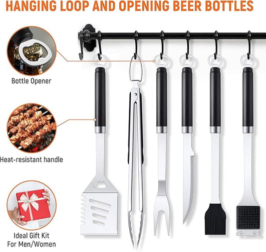 BBQ Accessories Grill Tools Set, Stainless Steel Grill Tools with 2 Squeeze Bottles, BBQ Grill Accessories Grilling Gift for Men & Women, Portable Grill Tools Utensils Kit for Camping, Kitchen