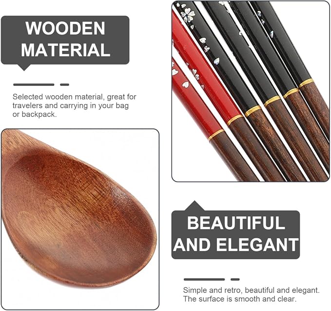 Japanese Spoon and Chopsticks Set 3 Pairs Reusable Travel Utensils Wooden Dining Tableware for Picnic School Office Home 9.84 in