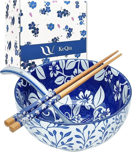 28Oz Ceramic Ramen Noodle Pho Bowl Set with Chopstick&Spoon&Gift box | Lead & Cd Free, Food Safe, Microwave/Oven/Dishwasher Safe, Matching pattern set, foam packed, ideal all-occasion gift