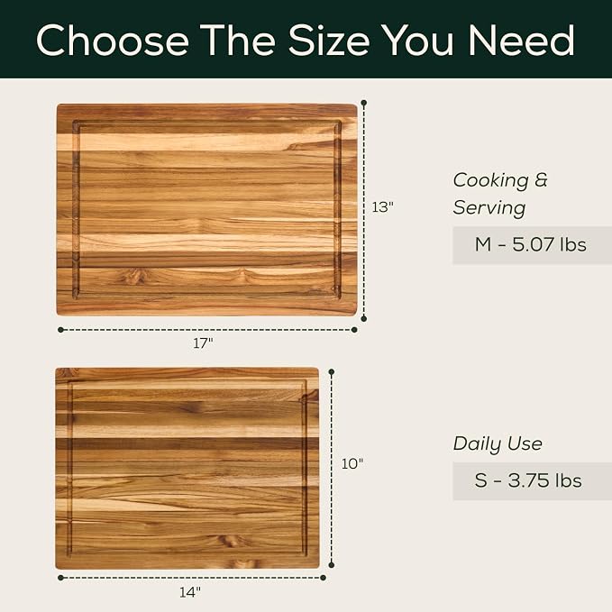 EZ FURNITURE Medium (M) Teak Edge Grain Cutting Board, Reversible, Knife-Friendly Charcuterie Wood Cutting Board with Juice Groove & Handles, Non-Toxic, Gift Box Included (17" x 13" x 1")