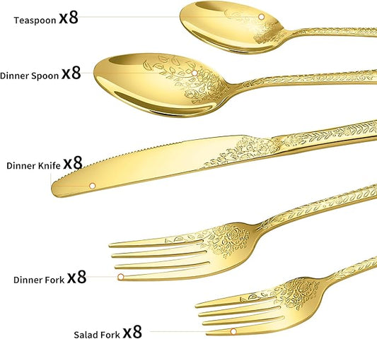 Floral 40 Pcs Gold Silverware Set for 8, Food Grade Stainless Steel Flatware Set with Rose Flower Embossed Design, Eating Utensils Sets Include Fork/Knife/Spoon, Reusable Cutlery Set, Dishwasher Safe