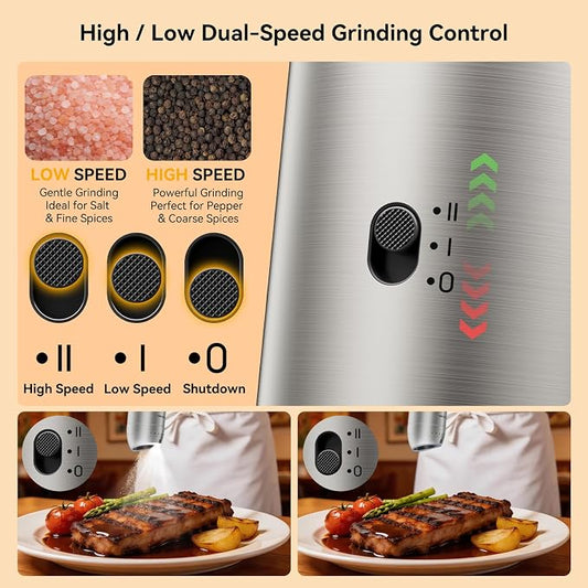 Electric Salt and Pepper Grinder Set, Automatic Gravity Pepper Grinder with Charging Base, Rechargeable Stainless Steel Spice Mill, Adjustable Coarseness, Dual-Speed Control, LED Light, Large Capacity