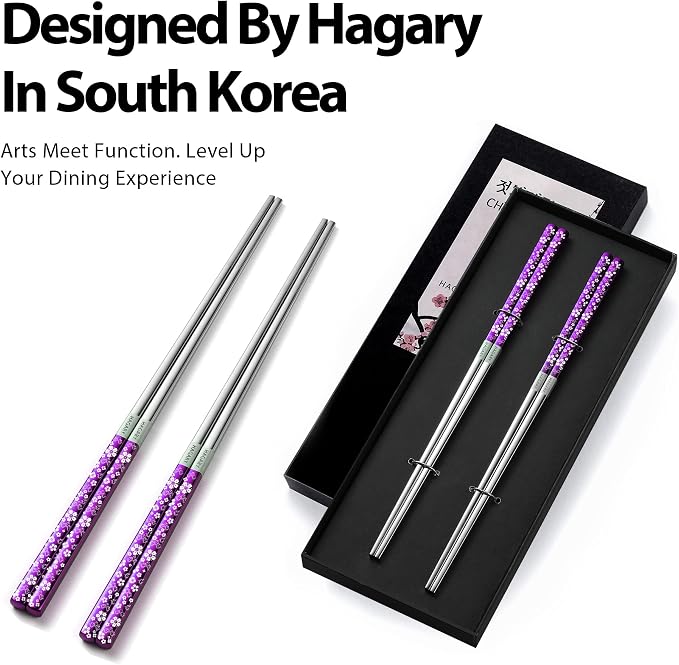 Hagary Cherry Blossom Rainbow Chopsticks Metal Chopsticks Reusable Designed In Korea Japanese Style Stainless Steel 316 18/10 Non-Slip Dishwasher Safe (Purple - 2 pairs)