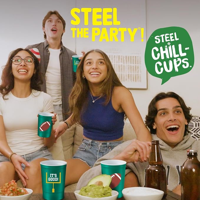 Steel Chill Cups 16 oz. Reusable Party Cups, Football, Green, 12 Count | Made in USA from Steel these durable cups chill fast & keep your drink cold for longer, 100% recyclable for sustainablity