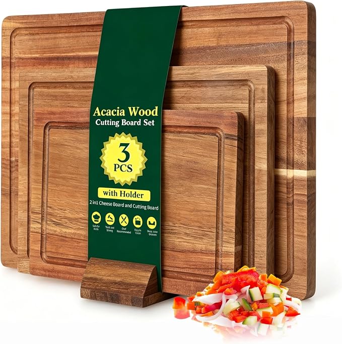 3 PCS Acacia Wood Cutting Boards for Kitchen With Wooden Storage Stand | Thick Chopping Boards, Deep Juice Grooves, Grip Handle, Non-slip Heavy Duty Charcuterie Board for Meat, Cheese and Vegetables