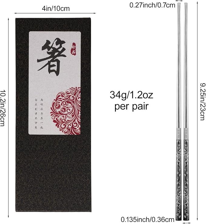 Rbenxia Metal Steel Chopstick Stainless Steel Spiral Chopsticks 9.25 Inches Long Lightweight Chopstick Set Reusable Classic Style for Kitchen Dinner 2 Pairs Black Silver