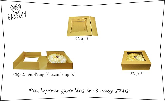 BAKELUV Pie Boxes for 9 Inch Pie | Brown, 50 Pack | 9x9x2.5 Bakery Box with Window, 9x9 Cookie Box, 9 Inch Pastry Boxes with Window Bulk, Cake Boxes, Auto Pop Up