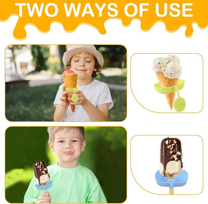 4 Pcs Silicone Drip Free Popsicle Holder for Kids, Reusable Popsicle Drip Catcher, Thick Ice Lolly Holder, Ice Cream Holder, Ice Lolly Drip Catcher for Cones ＆Popsicles (Red Green Blue Yellow)