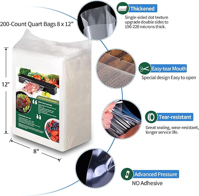 200 Vacuum Sealer Bags For Food, 8x12 Inch Thick BPA Free Vacuum Sealer Storage Bags, Compatible with All Vac Machines, Food Saver, Seal a Meal, Weston, Commercial Grade Precut Prep Sous Vide Bags