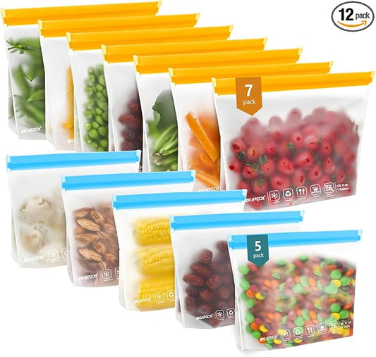 IDEATECH Reusable Bags for Food, Snack, Sandwich Storage, Dishwasher Safe & Leakproof Freezer Bags, Large Gallon & Quart BPA Free Reusable Baggies for Marinate Meats, Lunch, Trave(12Pack, Colored)