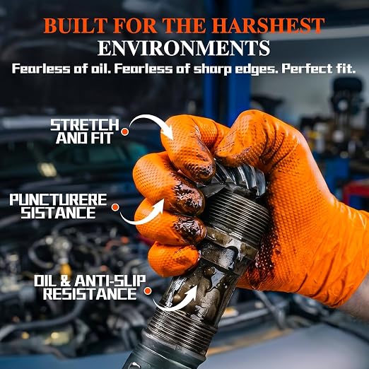 ANBOSON 10 Mil Heavy Duty Mechanic Nitrile Gloves, XLarge Orange 100 Count | Diamond Grip,Latex Free,Chemical Resistant Disposable Thick Rubber Gloves for Auto Repair, Industrial, Food, Work ,BBQ,Men