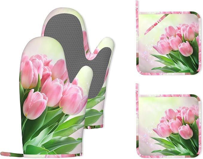 Pink Tulips Romantic Silicone Oven Mitts and Pot Holders,Heat-Resistant 4 Piece Kitchen Set Non-Slip Oven Gloves and Hot Pads for Cooking, Baking, Grilling,BBQ