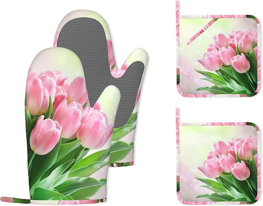 Pink Tulips Romantic Silicone Oven Mitts and Pot Holders,Heat-Resistant 4 Piece Kitchen Set Non-Slip Oven Gloves and Hot Pads for Cooking, Baking, Grilling,BBQ
