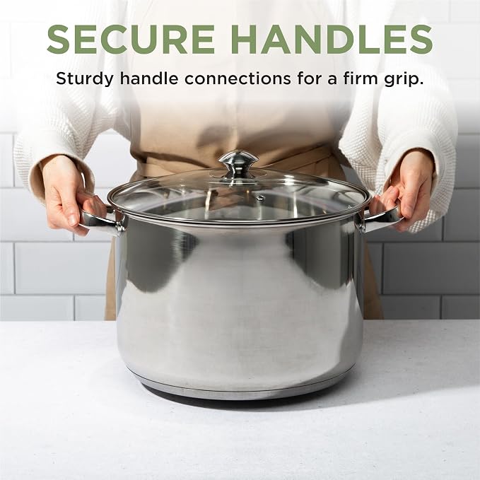 Ecolution Pure Intentions Stock Pot - Features Tempered Glass Lid, Stay-Cool Handles, and Encapsulated Bottom - Oven Safe - Curbside Recyclable Stainless Steel - 12 Quarts