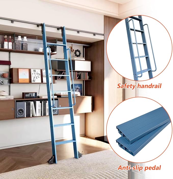 DIYHD 87" Rolling Library Ladder with Handrail, 4FT Sliding Rail, Blue | 7-Step lightweight ladder with space-saving upright storage, Telescopic top hooks, Locking bottom rollers, 300lbs capacity