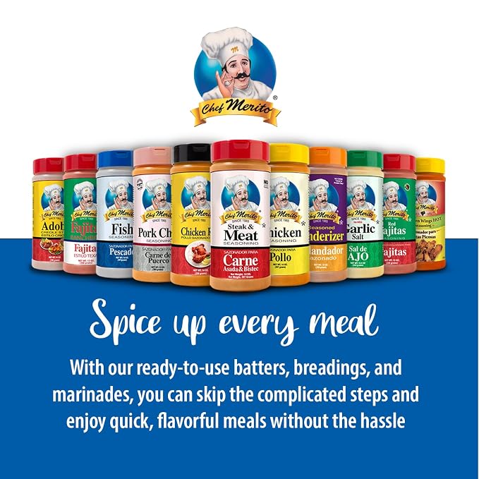 Chef Merito Seasoned Meat Tenderizer, Beef, Pork & Poultry, 14 oz Jar | Tenderizes and seasons in one step, for steaks, chops, roasts & ribs, authentic Latin flavor