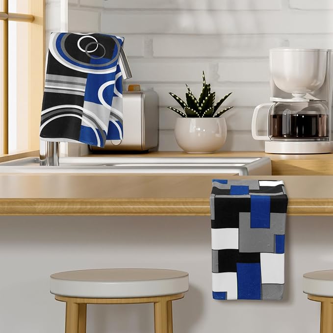 Boyiee 6 Pcs Modern Geometric Kitchen Towels | Black Gray Blue Dish Hand Towels, 24 x 16 Inches Gifts, Geometric Decorative Tea Cloth Gifts for Farmhouse Kitchen Bathroom