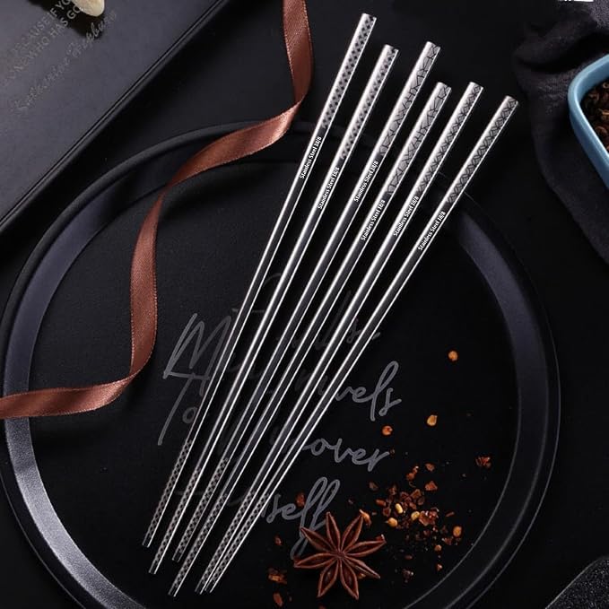 5 Pair Metal Chopsticks Reusable 18/8 Stainless Steel Chopsticks Set Non-slip Chinese Chopstick for Cooking Eating Dishwasher Safe 9.25" Chop Sticks Gift Set