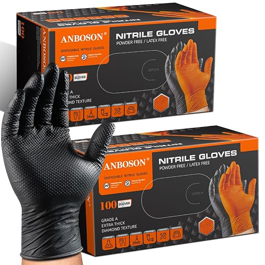 ANBOSON 10 Mil Heavy Duty Mechanic Nitrile Gloves, Large Black 200 Count | Diamond Grip,Latex Free,Chemical Resistant Disposable Thick Rubber Gloves for Auto Repair, Industrial, Food, Work ,BBQ,Men