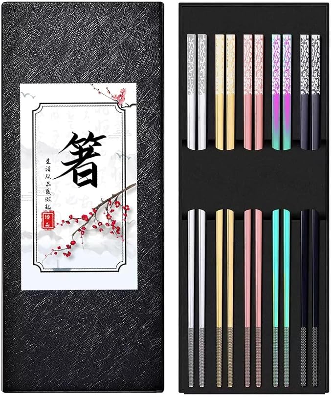 DIKOCO Premium Metal Chopsticks 5 Pairs Multicolor Chop Sticks Reusable Dishwasher Safe Square Korean Chopsticks Lightweight Non-Slip Reusable Stainless Steel ChopSticks Present Set