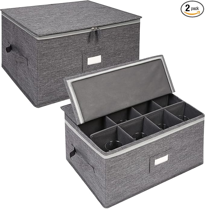 popoly Stemware Storage Containers (2 pack), Wine Glass Storage Box with Dividers for Glassware or Crystal, Holds 12 Red or White Wine Glasses, Hard Top and Stackable (Grey) | Glassware Storage Containers Holds 24 Red, White Wine Glasses or Crystal, St...