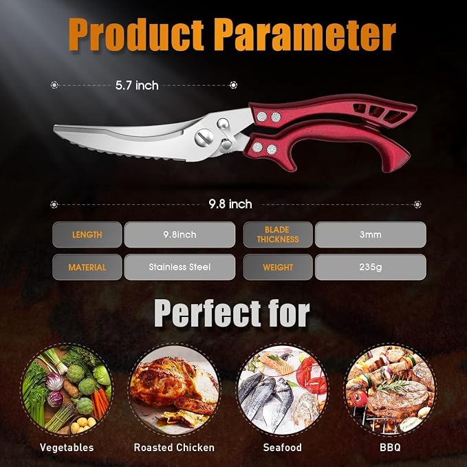 Poultry Shears Red - Heavy Duty Stainless Steel Kitchen Shears | Serrated Edge, Spring Loaded Rust Resistant, Multipurpose for Chicken Turkey Fish, Gift for Men Women