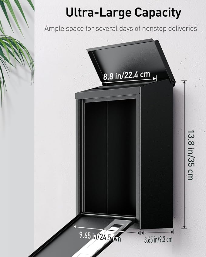 Uniclife Large Mailbox, Wall Mount Mailboxes for Outside, Black | Mail Boxes with Combination Lock, Security Locking Key Drop Box for House School Office and Outdoor