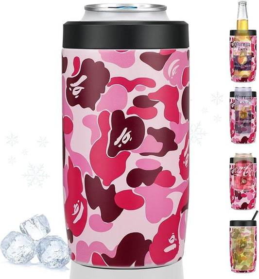 4-in-1 Slim Can Cooler Easy to Hold Insulated Beer Can Holder Double-walled Stainless Steel for All 12 Oz Cans (Camouflage Pink)