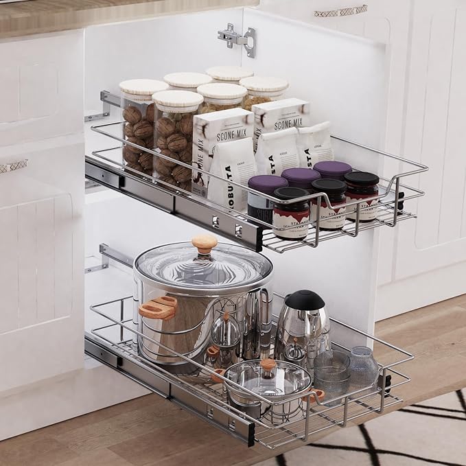 Pull Out Cabinet Organizer 9" W X 17" D, Slide Out Drawers For Kitchen Organizers and Storage, Pull Out Drawers For Cabinets Capacity Heavy Duty Caddy, Cabinet Shelves Chrome-Plated, Bathroom Pantry