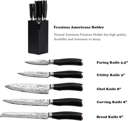 YOUSUNLONG Knife Block Sets - 5pcs Kitchen Knives Set with Natural Fraxinus Americana Holder - Japanese Hammered Damascus Steel Blade - Natural Ebony Handle with Gift Box