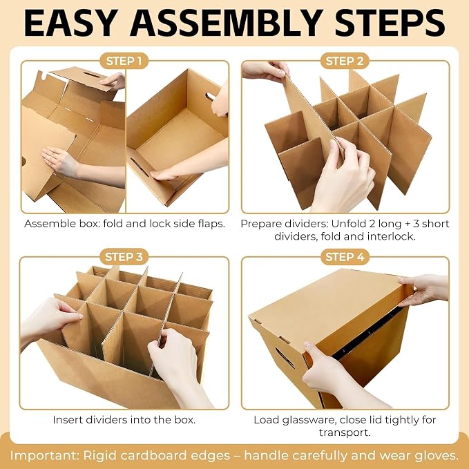 Wine Glass & Dish Moving Boxes, Glass Packing Boxes, Kitchen Storage Kit | 2 Pack, 15 x 12 x 10 In, Sturdy Corrugated Cardboard, with Ergonomic Handles & Secure Lids, for Glassware & Dishware, Brown