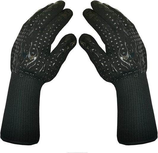 Mitts Oven Gloves with Fingers BBQ Heat Resistant Gloves Oven Gloves 1472℉ 14Inch Cut Resistant Cooking Grill Gloves Silicone Non-Slip Cooking Gloves for Grilling/Baking for Gift (Large, Black)