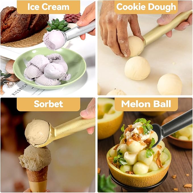 Ice Cream Scoop,7 inches Nonstick Anti-Freeze One Piece Aluminum Scooper Spoon, Heavy Duty Durable Design, Easy Clean, for Gelato, Cookie Dough, Sorbet, Almond (Black)