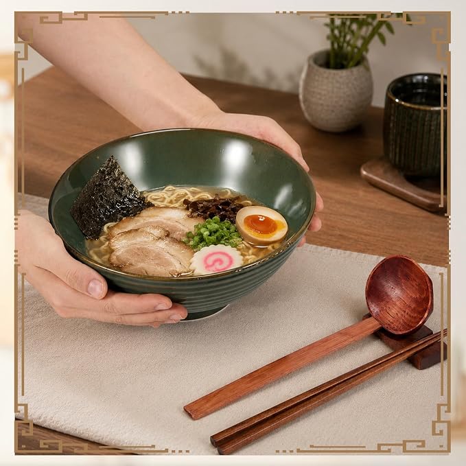 Geiserailie 40oz Ceramic Japanese Ramen Bowls Set of 4, 8 Inch Deep Asian Pho Udon Soup Noodle Bowls with Chopsticks, Spoons & Chopstick Rest -Microwave & Dishwasher Safe(Nordic Minimal)