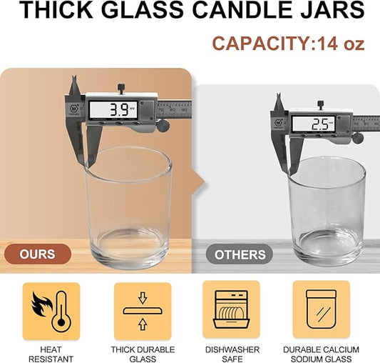 14 OZ Thick Candle Jars for Making Candles 12 Pcs, 3 Wick Empty Jars with Wood Lids for Candle Making, Sample Container,Clear