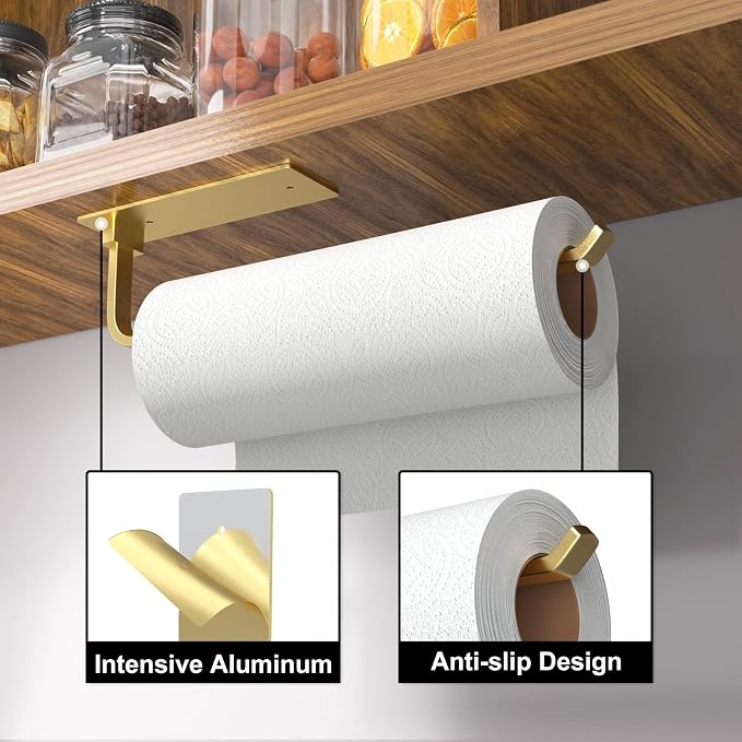 Paper Towel Holder - Self-Adhesive or Drilling, Gold | Under-Cabinet or Wall-Mounted | Kitchen Roll Dispenser | Upgraded Aluminum | Lighter Yet Stronger Than Stainless Steel