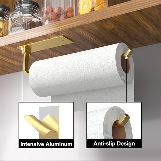 Paper Towel Holder - Self-Adhesive or Drilling, Gold | Under-Cabinet or Wall-Mounted | Kitchen Roll Dispenser | Upgraded Aluminum | Lighter Yet Stronger Than Stainless Steel