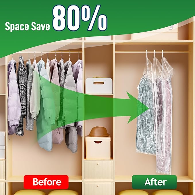 Hanging Vacuum Storage Bags For Clothes With Hand Pump,Coat Storage Bag Hanging,Vacuum Bags For Clothes,Space Saver Vacuum Storage Bags,Garment, Clothing, Dress, Suit, Long Coat, Jacket(Combo 4 Pack）